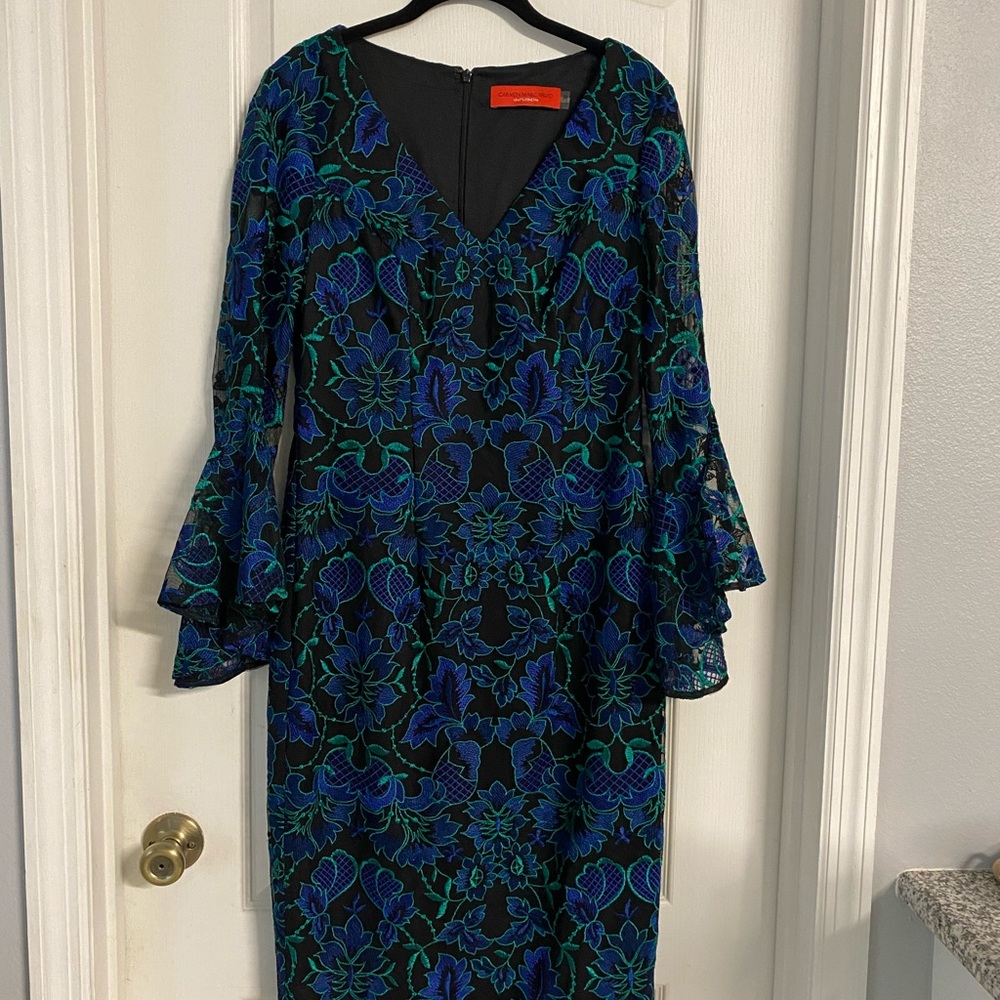 Carmen Marc Valvo Blue and Green Long Sleeve Dress - Picture 6 of 8